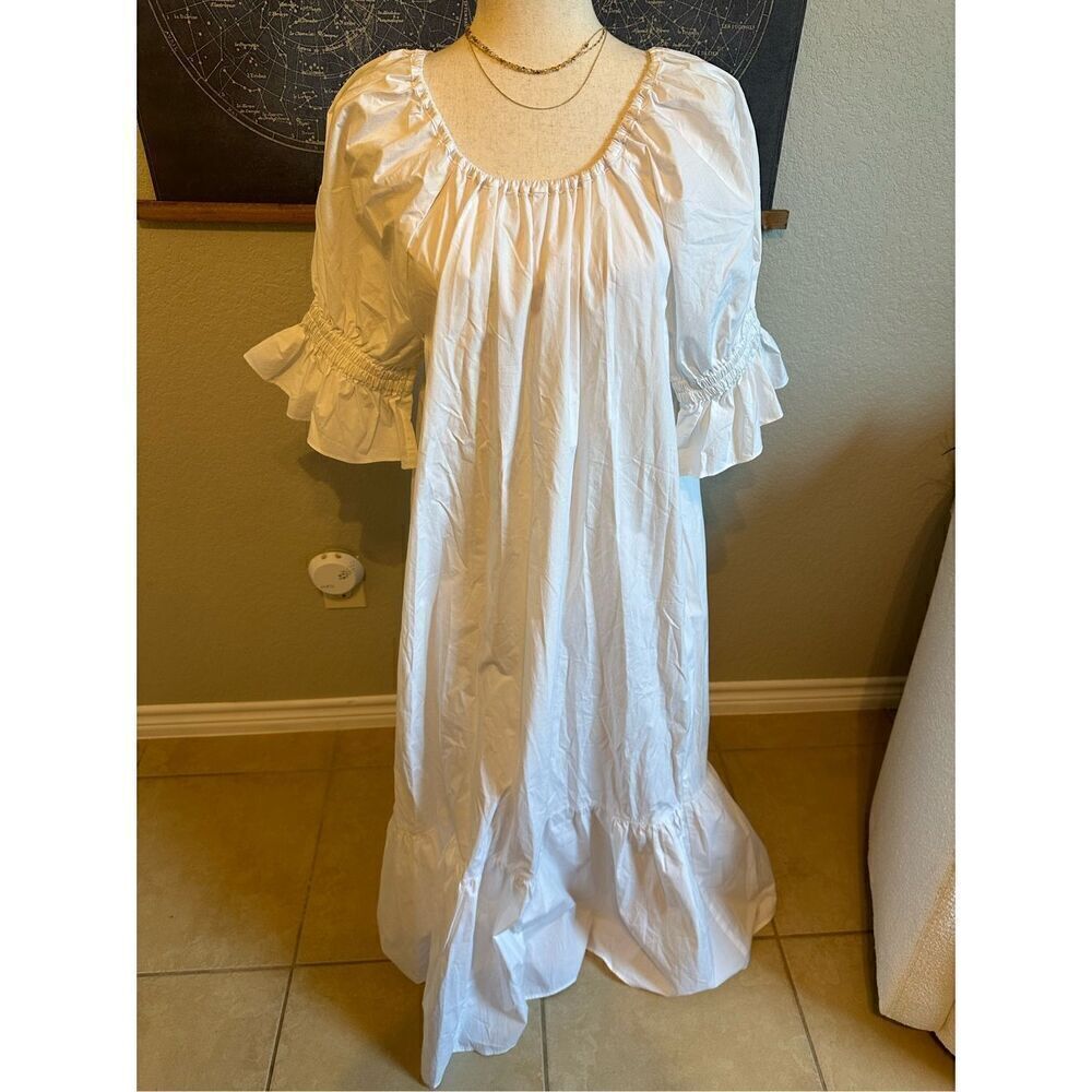 NWT Ephemera White Cotton Maxi Short Sleeve Lightweight Flowy Dress Women Size L